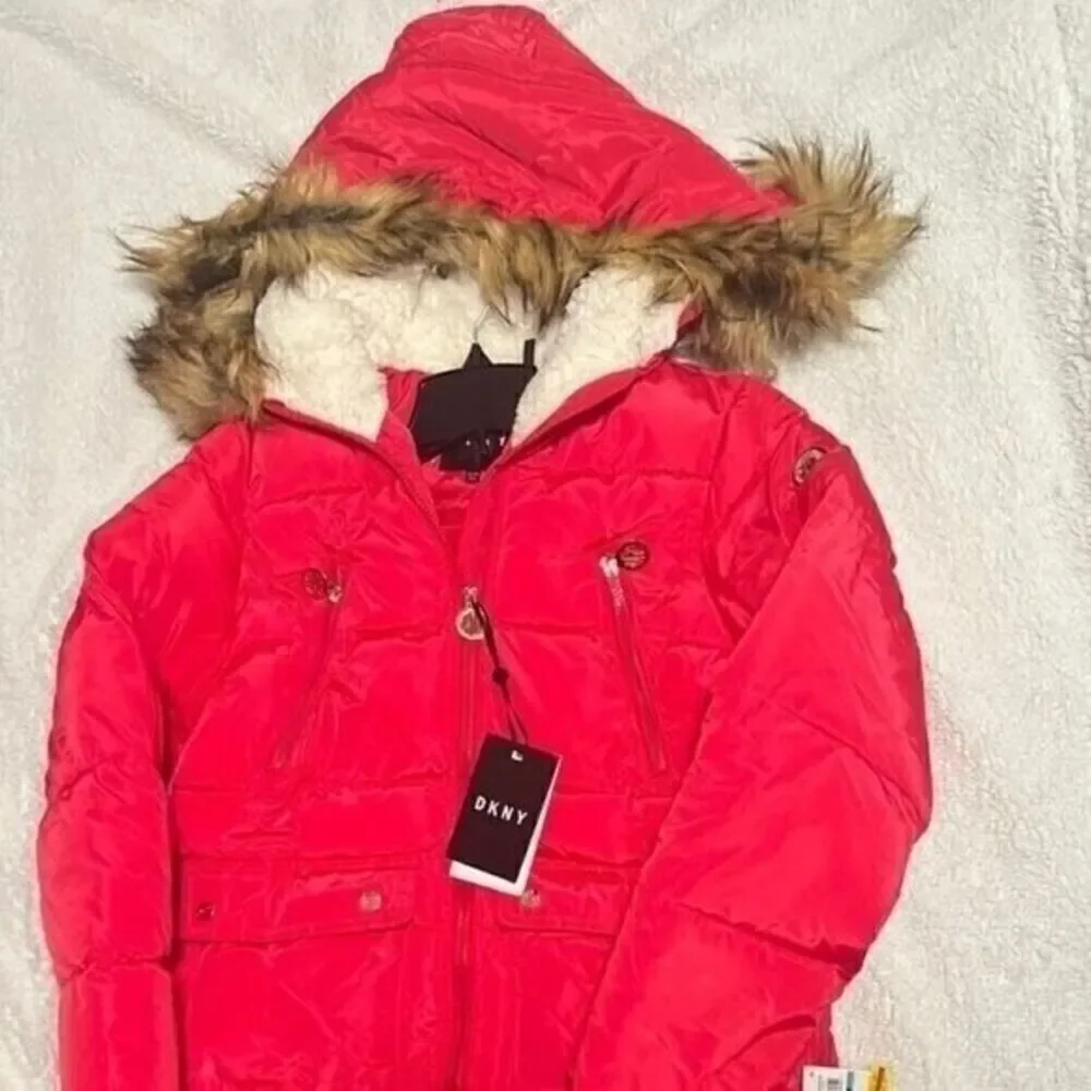 New DKNY Big Girls Long Puffer Jacket Fuschia size 16